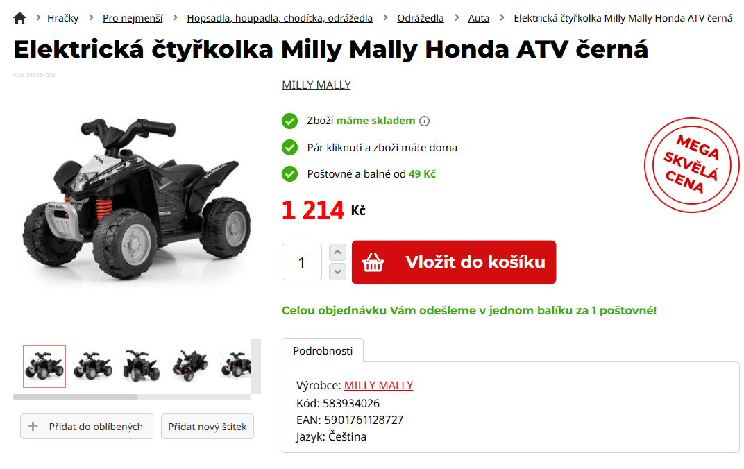 Elektrická čtyřkolka pro děti Milly Mally