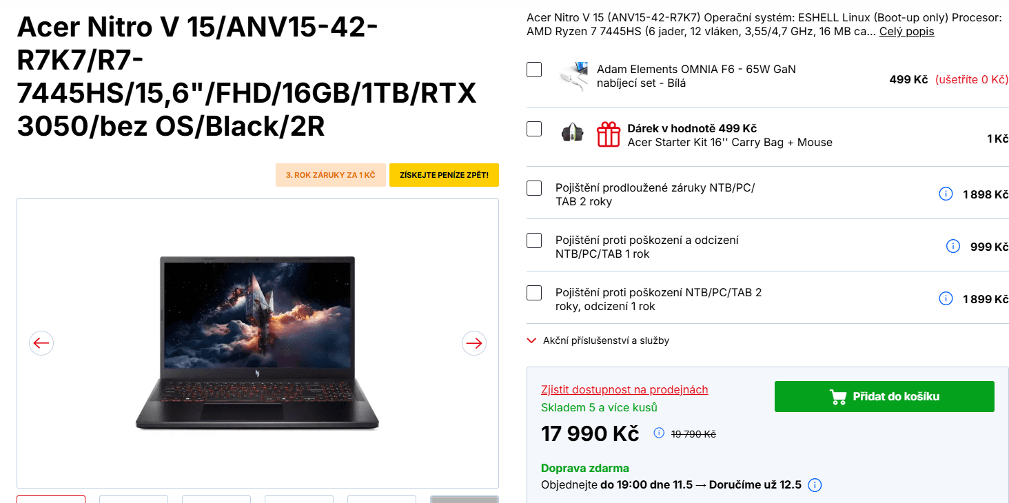 Acer Nitro 4,7 GHz, 16/1000 GB, NVidia 6 GB