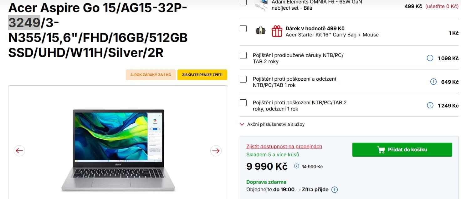 Acer i3 3,9GHz, 16/512GB, 15,6", W11