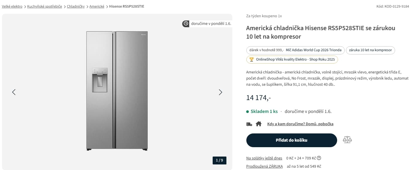 Americká lednice Hisense, led, voda, TNF, 179cm