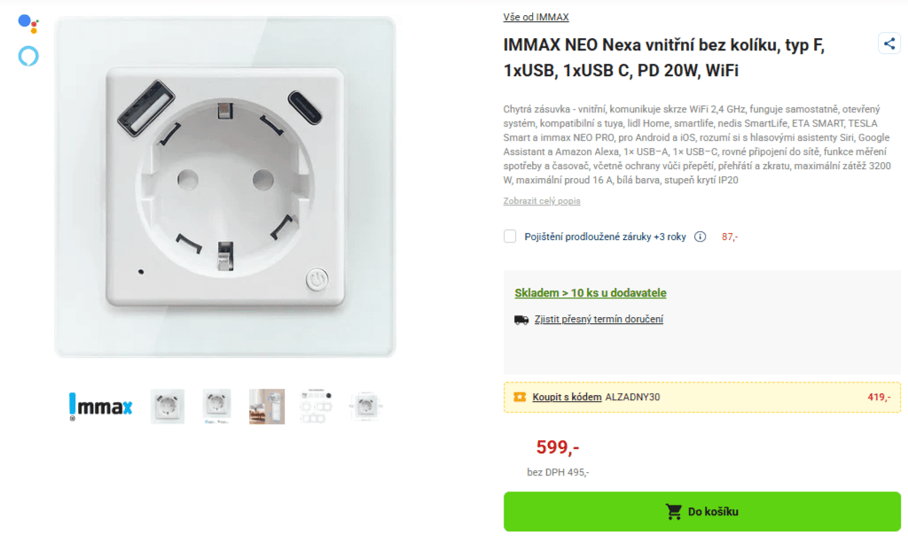 Chytrá vnitřní zásuvka Immax, 2x USB 20W