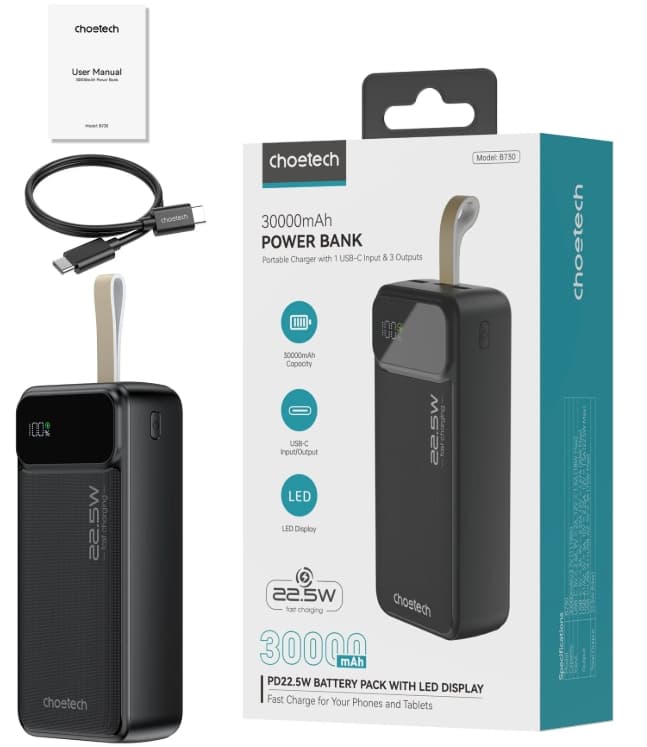 Powerbanka ChoeTech Digital 30000mAh, 22,5 W