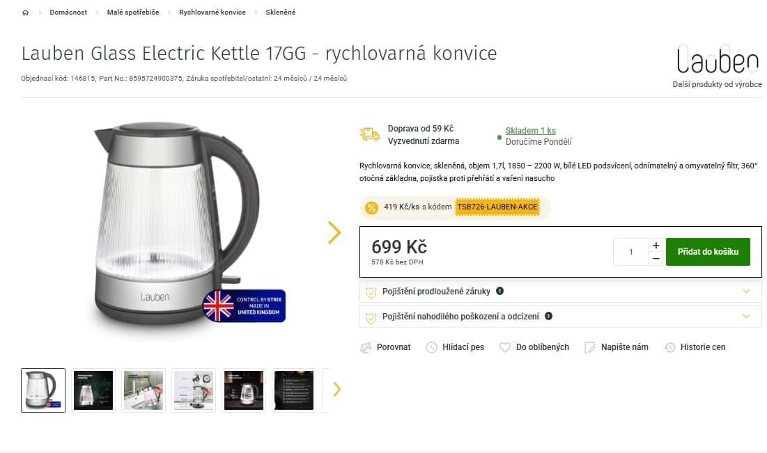 Rychlovarná konvice Lauben Glass 1,7 l