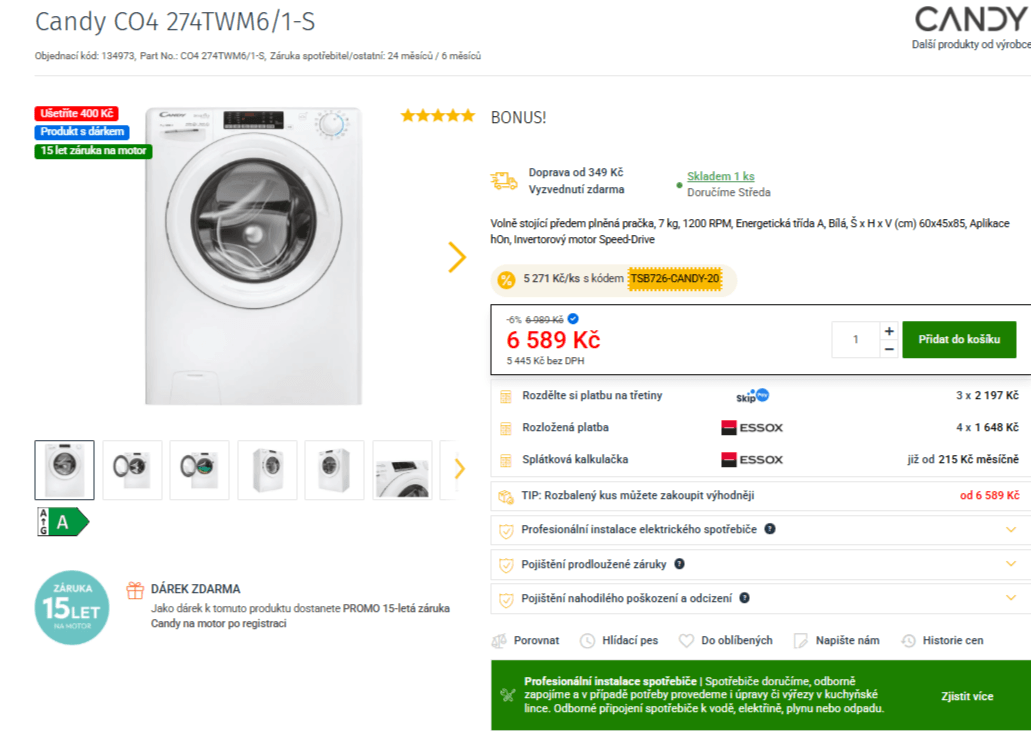 Úzká pračka Candy, A, 7 kg, 1151 ot/min