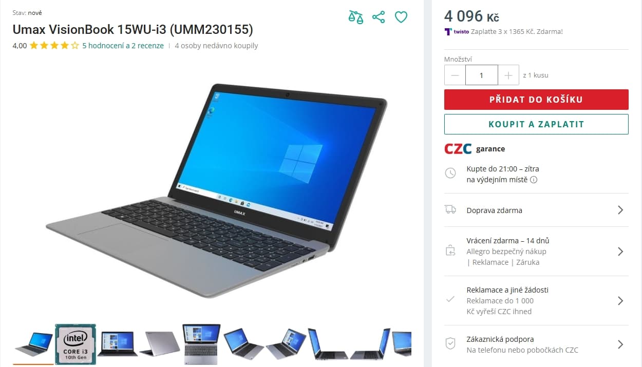 Umax i3 4,1 GHz, 4/128 GB, 15,6", 1,5kg