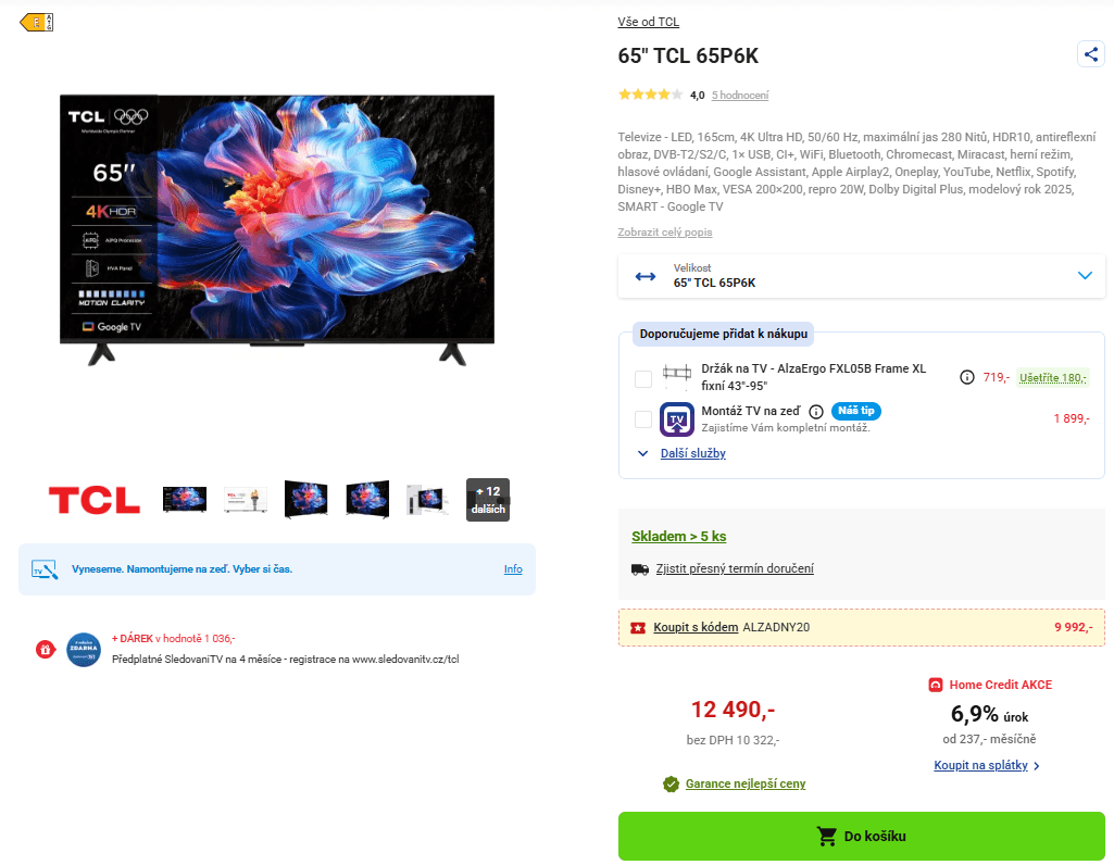 4K Google TV, 165 cm TCL