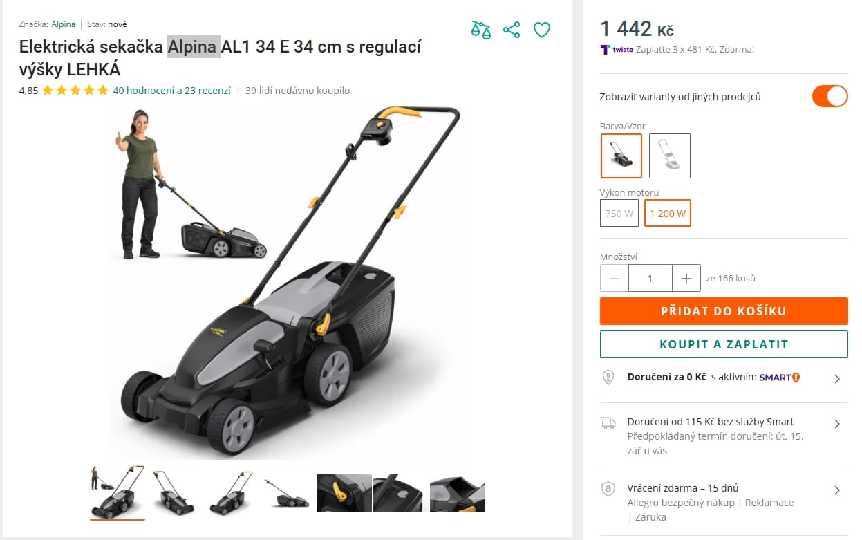 Elektrická sekačka Stiga Alpina, 34 cm, 35 l.