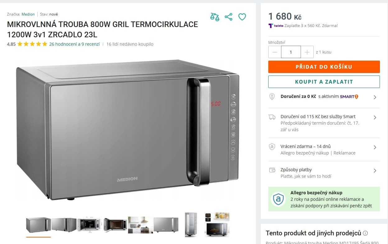 Mikrovlnná trouba Medion 23 l., gril, 27 cm