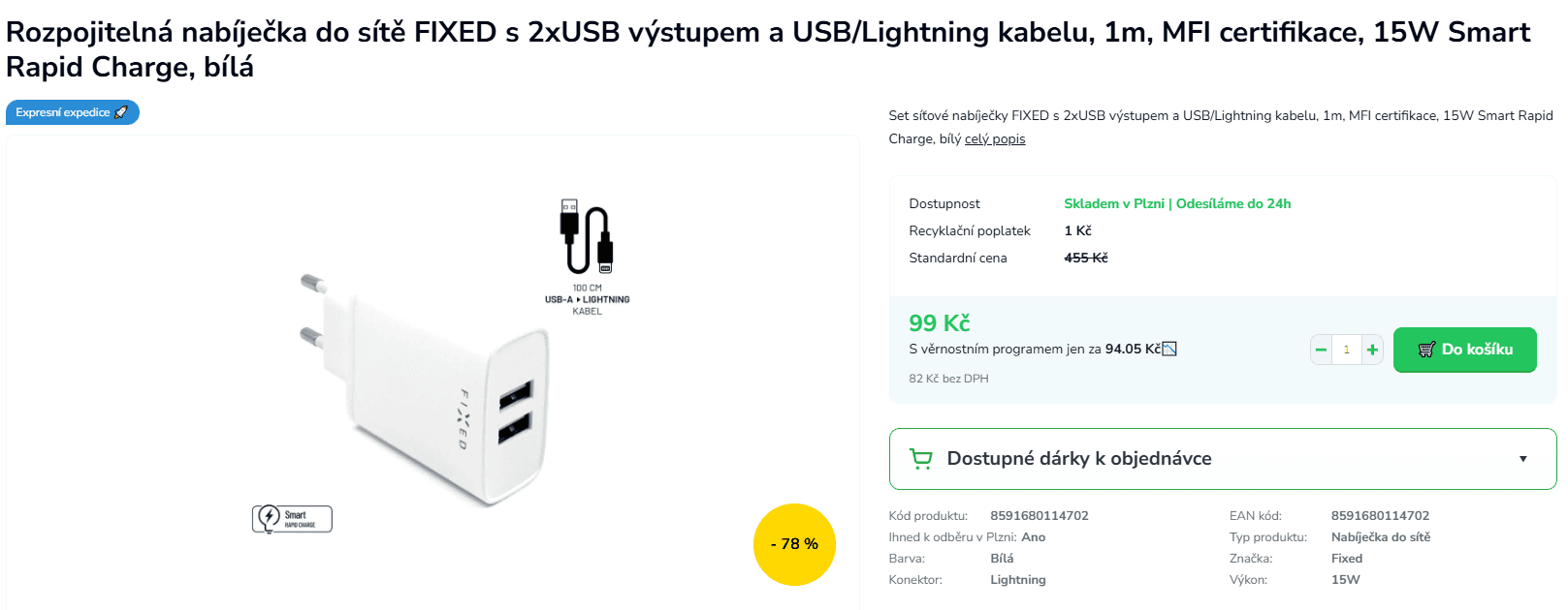 Set síťové nabíječky FIXED s 2x USB, 15 W, kabel